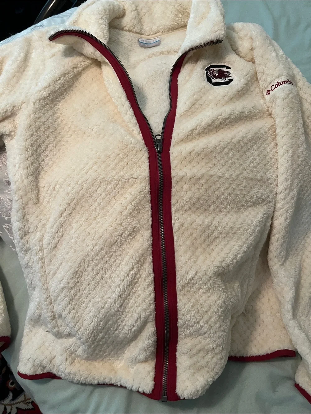 Columbia Cream Fleece Jacket with Garnet Trim